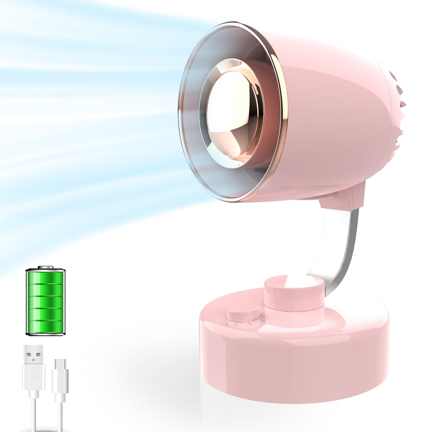 Mr. Young Quiet Portable Desk Fan - 4-Speed Adjustable 150° Oscillating USB-C Rechargeable Small Mini Fan with 10+ Hours Battery Life Perfect Table Fan for Home/Office/Dorm (Pink)