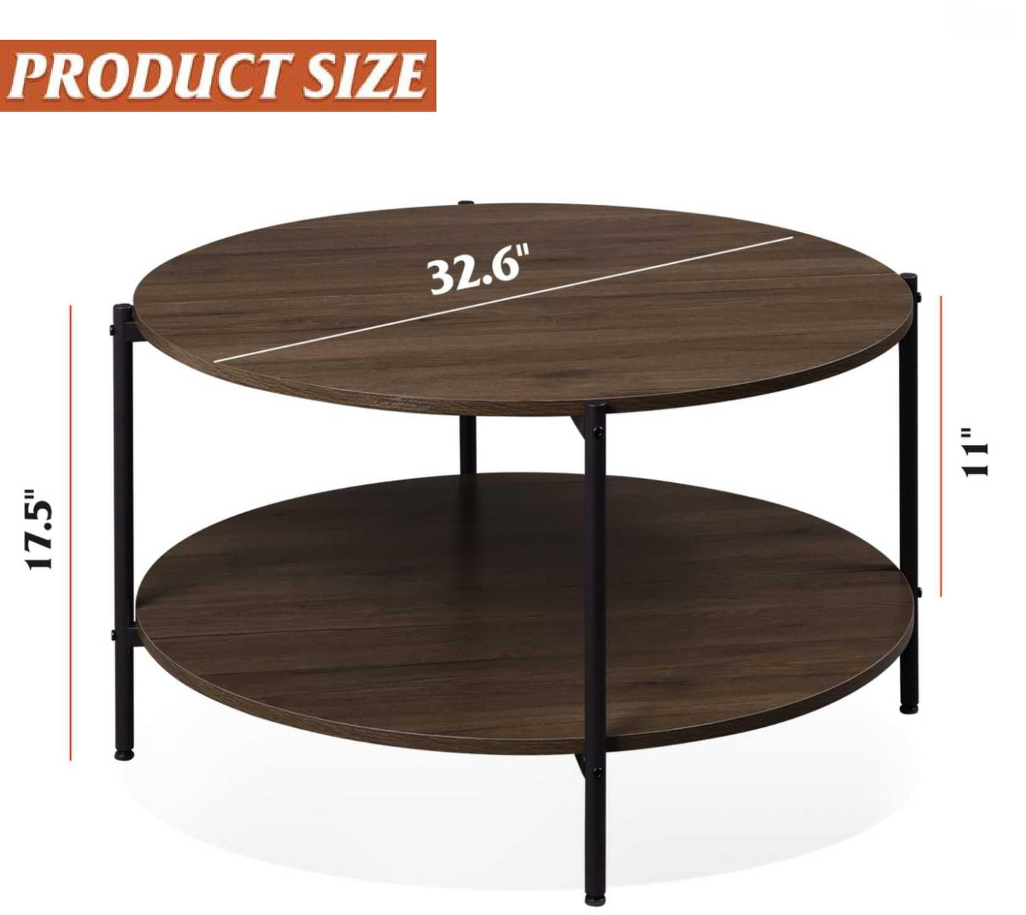 WLIVE Round Coffee Table for Living Room, 32.6" Small Coffee Table with Open Storage Shelf, 2-Tier Industrial Circle Wood Center Table for Bedroom, Home Office, Brown Walnut