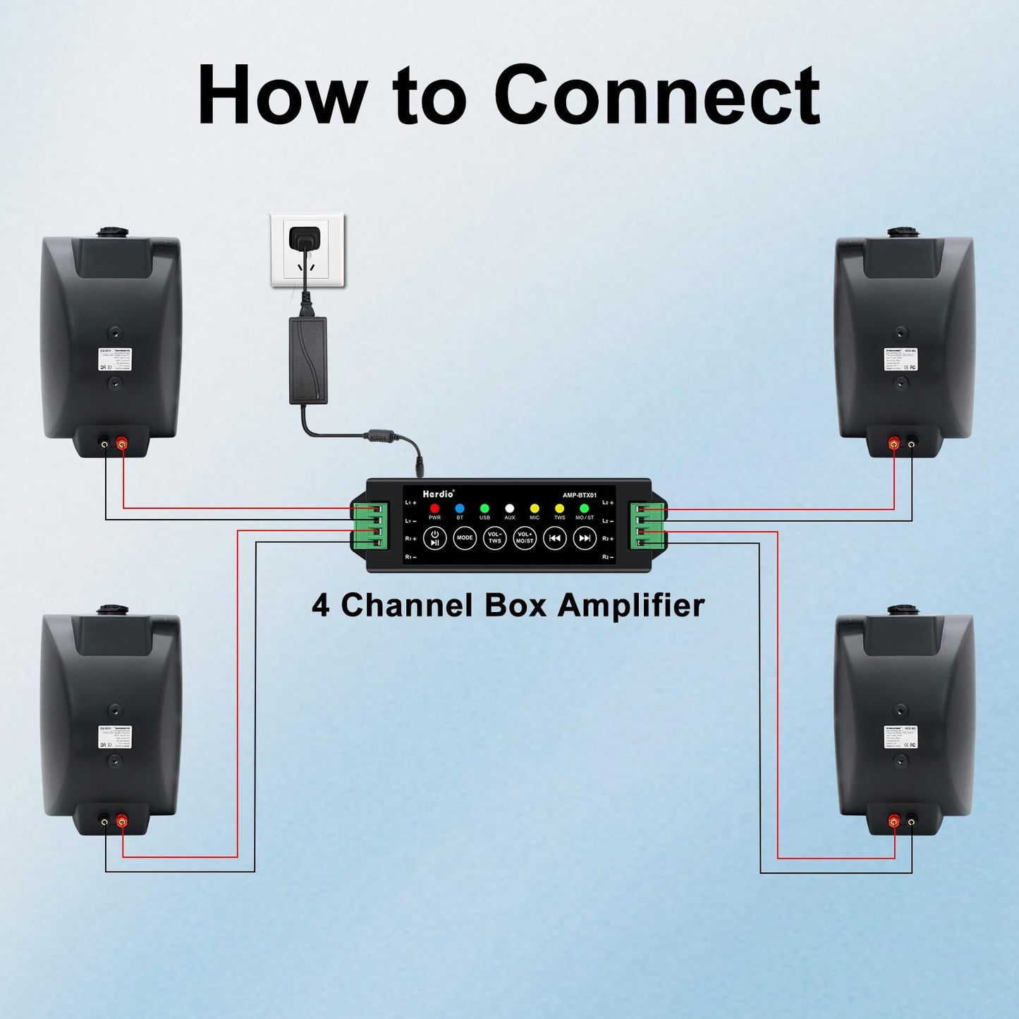 Herdio 6.5 Inch 800W Outdoor Bluetooth Speakers Wired Waterproof with Multifunctional Amplifier, Wall Mount Speaker for Patio Home Poolside Deck Backyard(2 Pairs,Black)