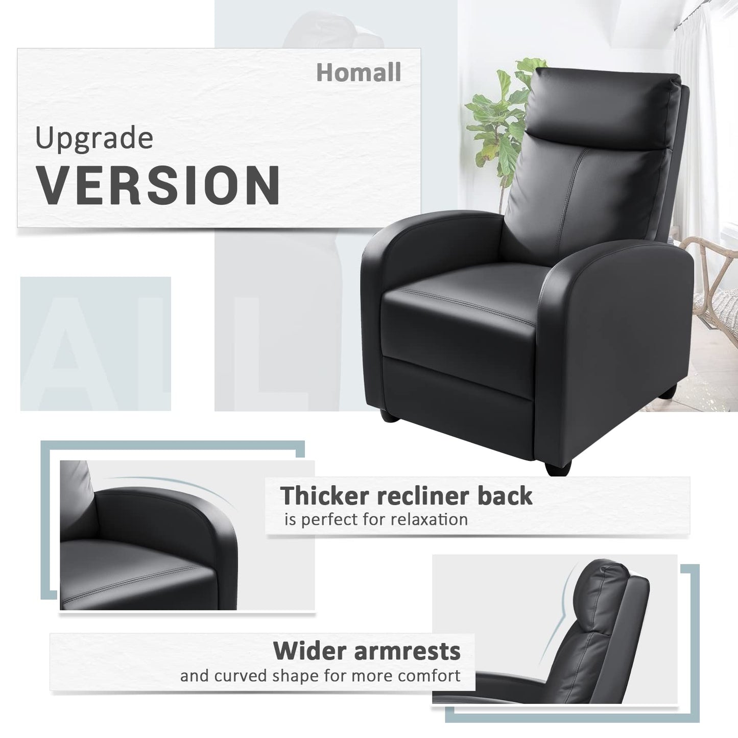 Homall Modern Recliner Chair Padded Seat Pu Leather for Living Room Single Sofa Recliner Seat Club Chair Home Theater Seating (Black)