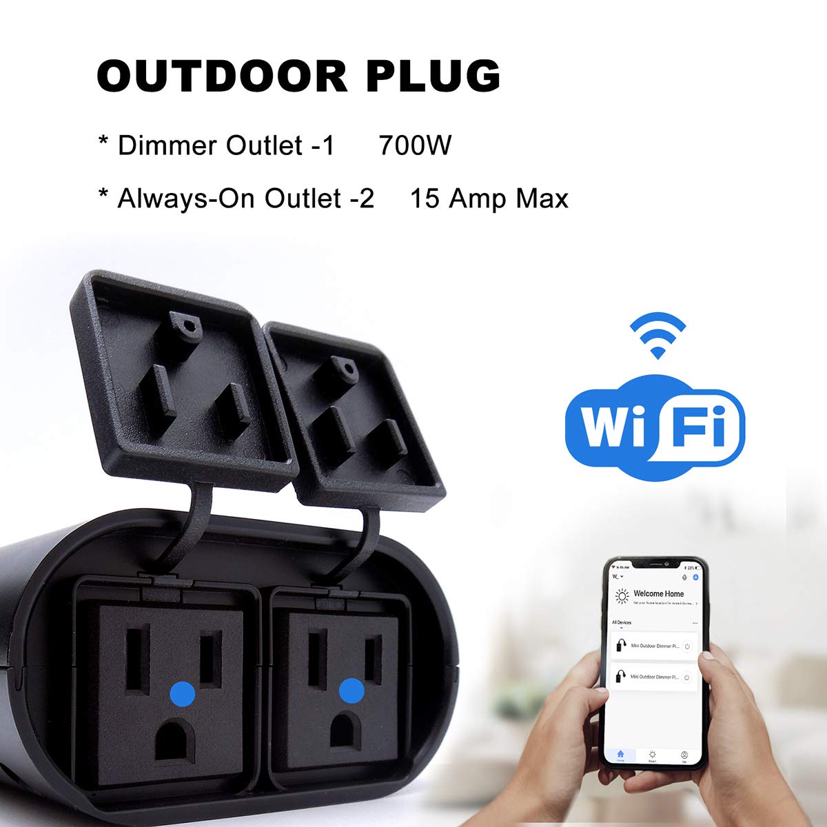 Outdoor Smart Dimmer Plug WiFi Light Outlet Compatible with Alexa and Google Home, Max 15 Amp, IP65 Waterproof for Dimmable Lights (WF96D)