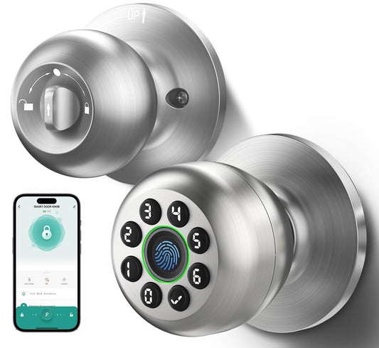 WREO Keypad Smart Door Knob Lock, Fingerprint Keyless Entry Door Lock with Handle for Front Door and Bedroom, Electrionic Biometric Code Door Knob with APP, Auto Lock for Home Office Apartment Garage