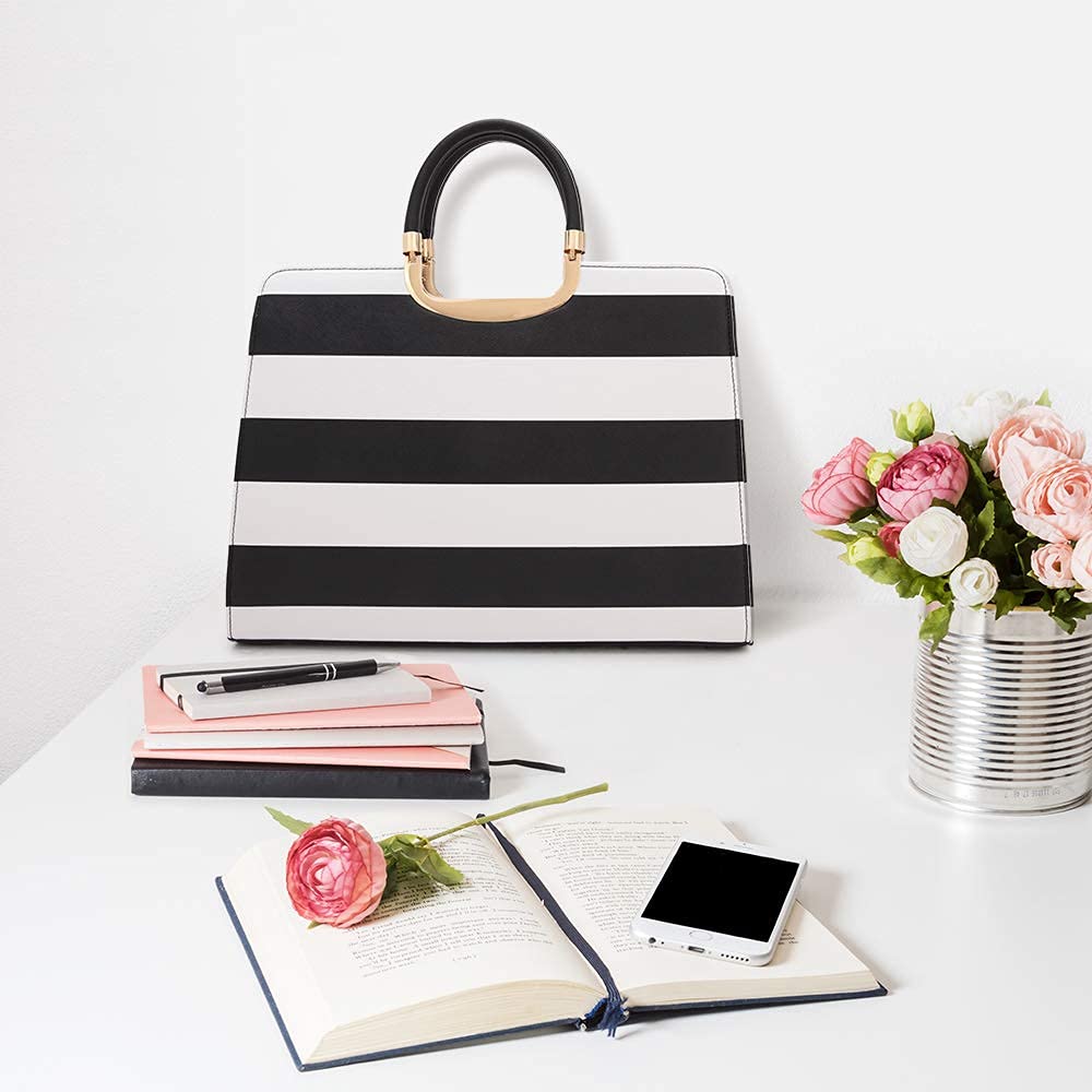 Womens Handbag Top Handle Shoulder Bag Tote Satchel Purse Work Bag with Matching Wallet (4-Black/White) Large