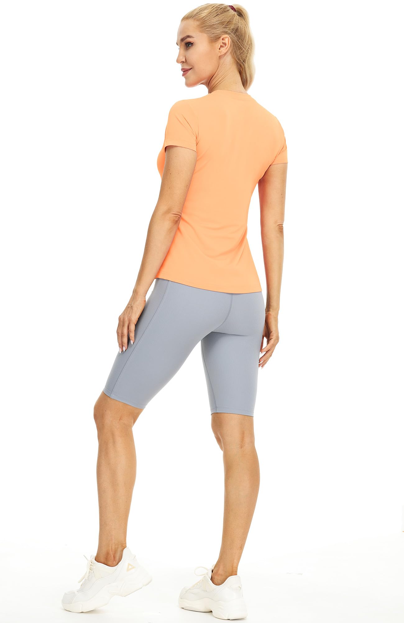 icyzone Women's Athletic Short Sleeve T-Shirts for Workout Running Yoga (Pack of 3) (Black/Natural Grey/Pale Peach, M)