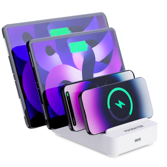 4-Port Charging Station for Multiple Devices, USB Charger Stations Multi-Device Organizer Charging Dock, Compatible with Cell Phones, iPads, Kindle Tablets, and Other Electronics (White)