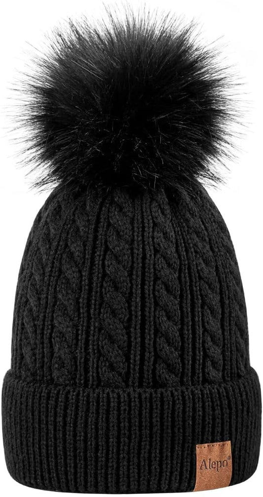 Alepo Womens Winter Beanie Hat, Warm Fleece Lined Knitted Soft Ski Cuff Cap with Pom Pom