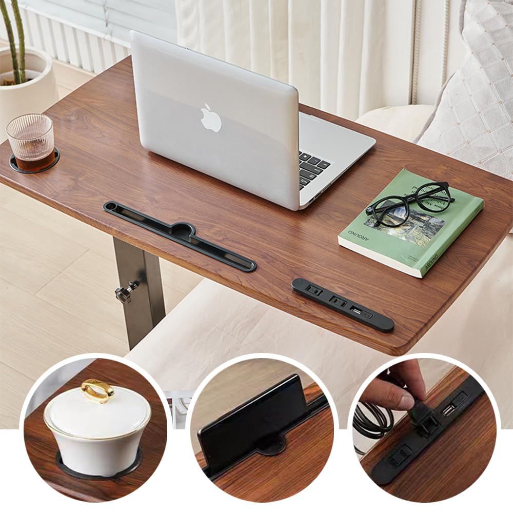 Over Bed Table Pneumatic Adjustable Height Stand Desk with Hidden Casters Foldable Mobile Laptop Computer Standing Desk with USB Ports Pad