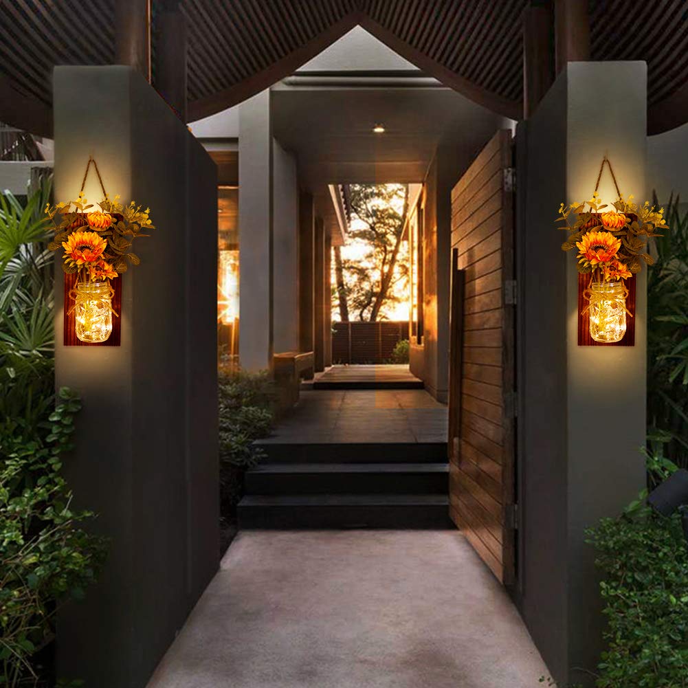 OurWarm Country Farmhouse Sunflower Wall Decor with Mason Jars, Remote 6-Hour Timer LED Lights, Hanging Mason Jar for Home Kitchen Decor Living Room Lights, Set of 2