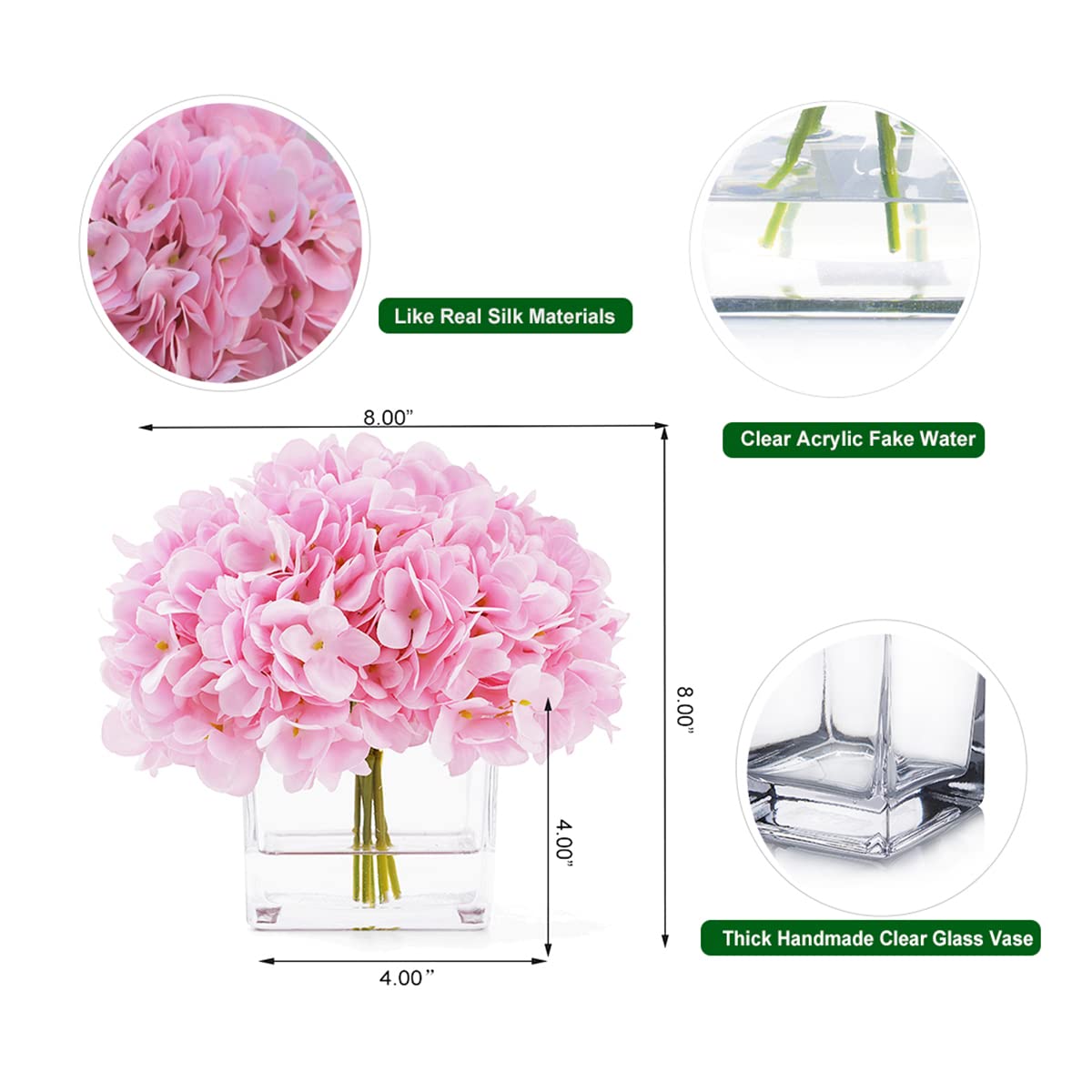 rubystory Silk Pink Hydrangea Artificial Flowers in Vase with Faux Water, Silk Flower Arrangements in Vase for Home Decor, Wedding Table (Pink)