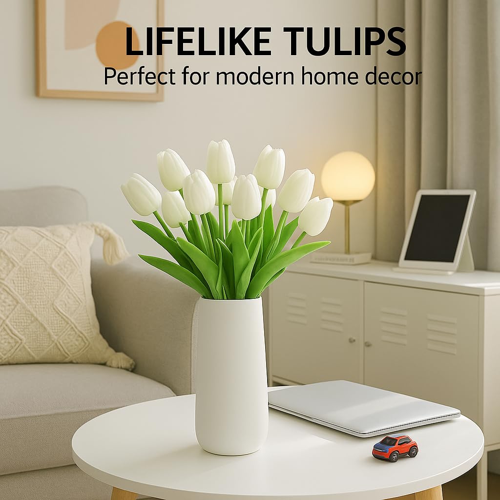 Enirunly 20pcs White Artificial Tulip Silk Fake Flowers 13.5" for Spring Easter Mother's Day Wedding Decor – Bulk Home Kitchen Office Party Supplies, Set