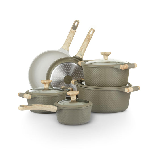 KASANOVA 10Pcs Cookware set, Die-cast Aluminum pots and pans, Nonstick frying pans and casseroles, Induction safe, PFOA-free (Green and Cream, 10 pcs)