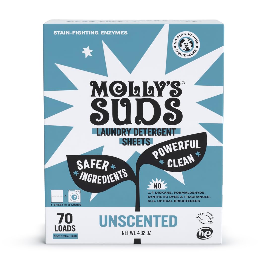 Molly’s Suds Laundry Detergent Sheets | Gentle on Sensitive Skin, Powerful Bio-Based Enzymes, Stain-Fighting | Liquidless & Plastic-Free Packaging | 120 Loads (Unscented)
