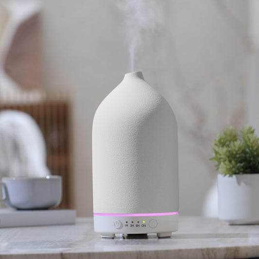 200ML Ceramic Essential Oil Diffuser - Ultrasonic Aromatherapy & Humidifier with 7-Color LED Lights, Auto Shut-Off, Wood Grain Base, 1H/3H/6H Timer | Scent for Home, Office, Yoga
