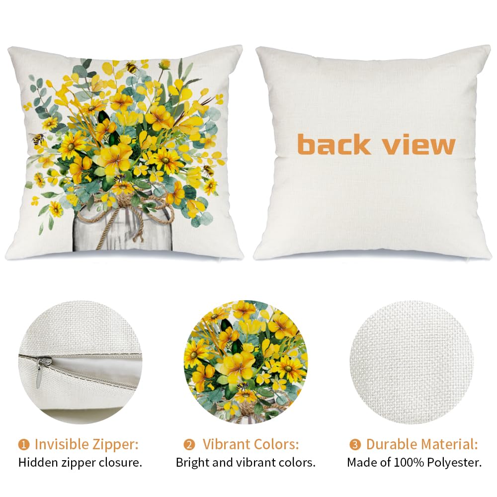 AACORS Summer Pillow Cover 18x18 Inch Eucalyptus Flowers Decor Vase Bee Farmhouse Seasonal Pillow Case Decorations for Home Sofa Couch AA509-18