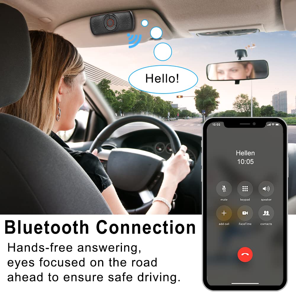 SKYBESS Car Bluetooth Speaker for Cell Phone, Portable Bluetooth Handsfree Car Kit Wireless in Car Speakerphone Music Player with Visor Clip, Supports Siri Google Assistant TF Card Playback
