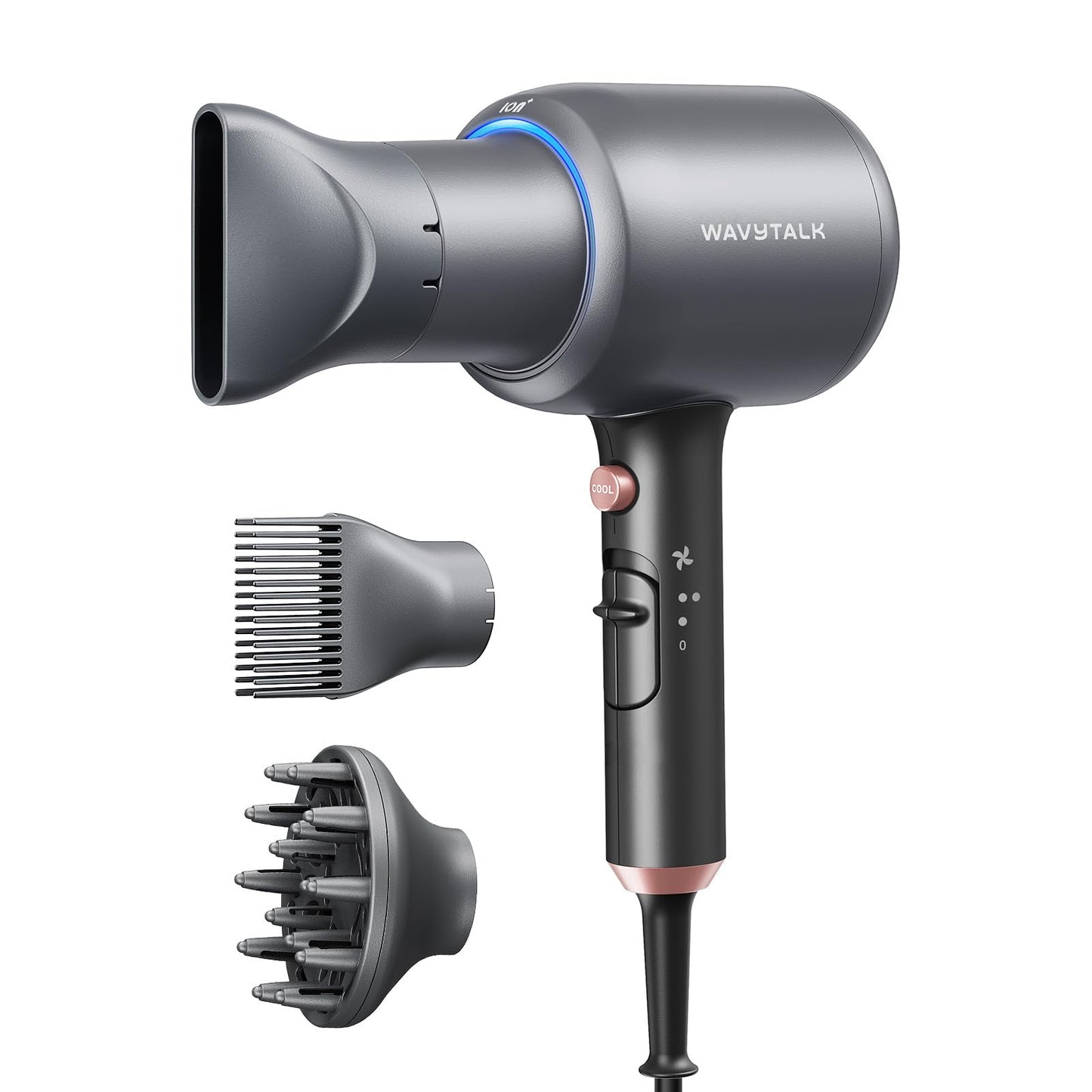 Wavytalk Blow Dryer, Blown Away Ionic Hair Dryer for Curly Hair with Diffuser, 1875W Fast Drying Blow Dryer with Ceramic Technology, 3 Attachments for All Hair Types, Light and Quiet, Grey