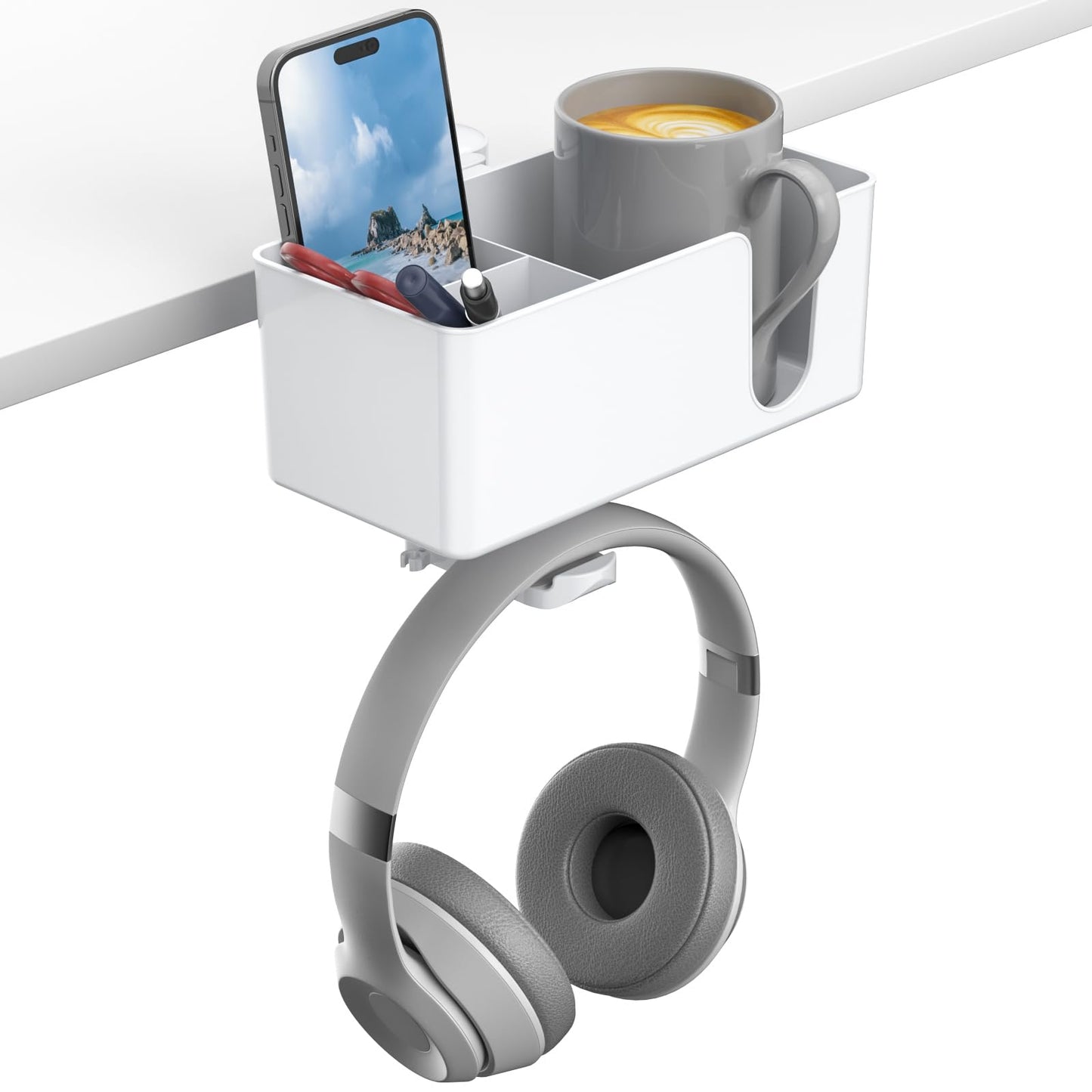 KDD 4 in 1 Desk Cup Holder - Clamp on Under Desk Headphone Hanger - Rotating Headphone Holder Detachable Pen Cup Holder Desktop Storage for Cup, Phone and Pen(Black)
