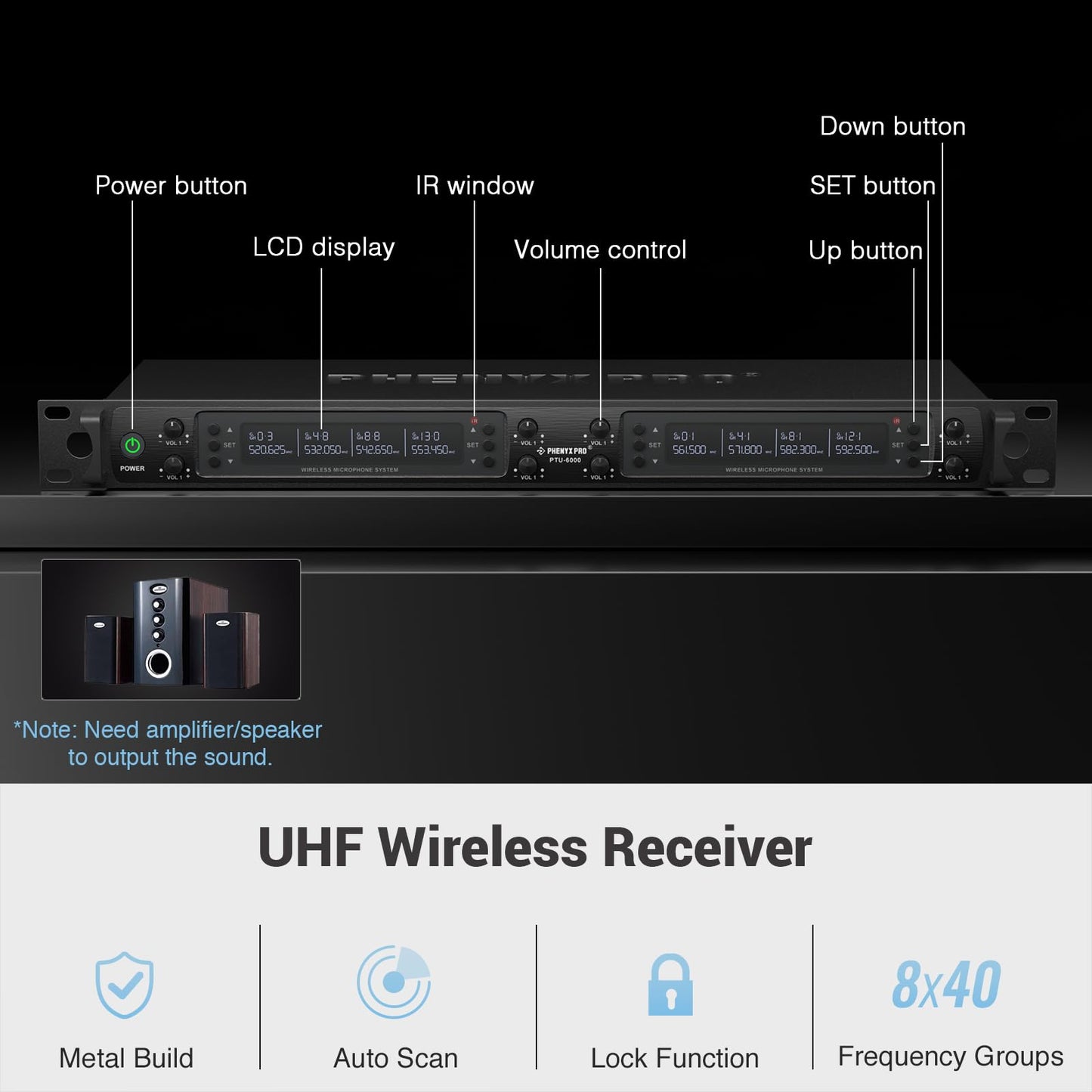 Phenyx Pro Wireless Microphone System, 8-Channel Wireless Mic, w/ 8 Handheld Dynamic Microphones, Auto Scan,8x40 UHF Frequencies, 328ft Range, Mics for Singing,Church, Karaoke(PTU-6000-8H)