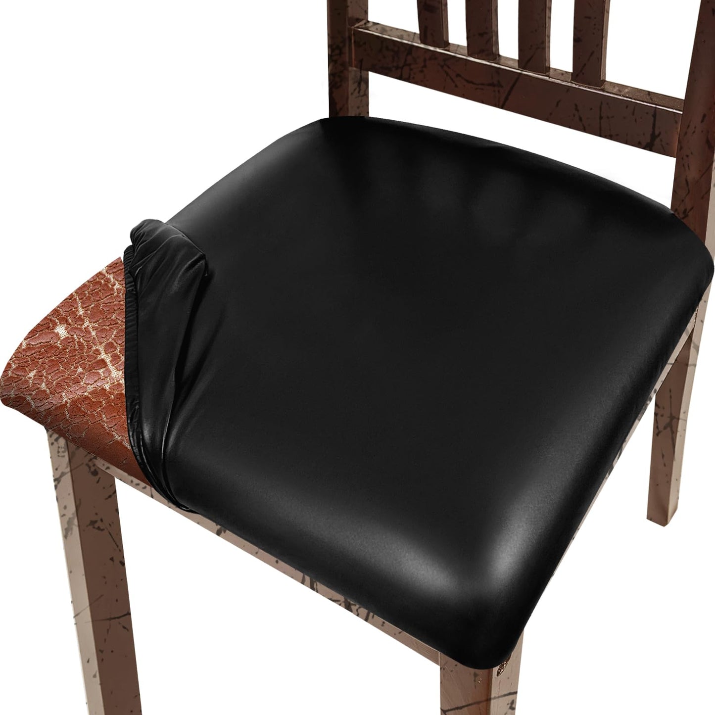 Lufyzora Pu Leather Dining Chair Seat Covers Set of 4, Waterproof Dining Seat Covers Stretch Chair Covers for Dining Chairs/Kitchen Room/Hotel, Odorless Seat Covers for Kitchen Chairs (Black - 4 PCS)