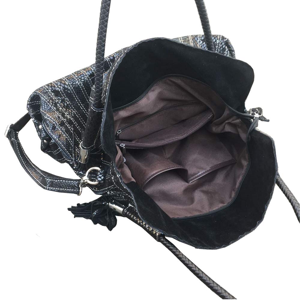 Women’s Multicolor Boston Bag Genuine Leather Colorful Large Tote Handbag Purse (Black-Middle size)