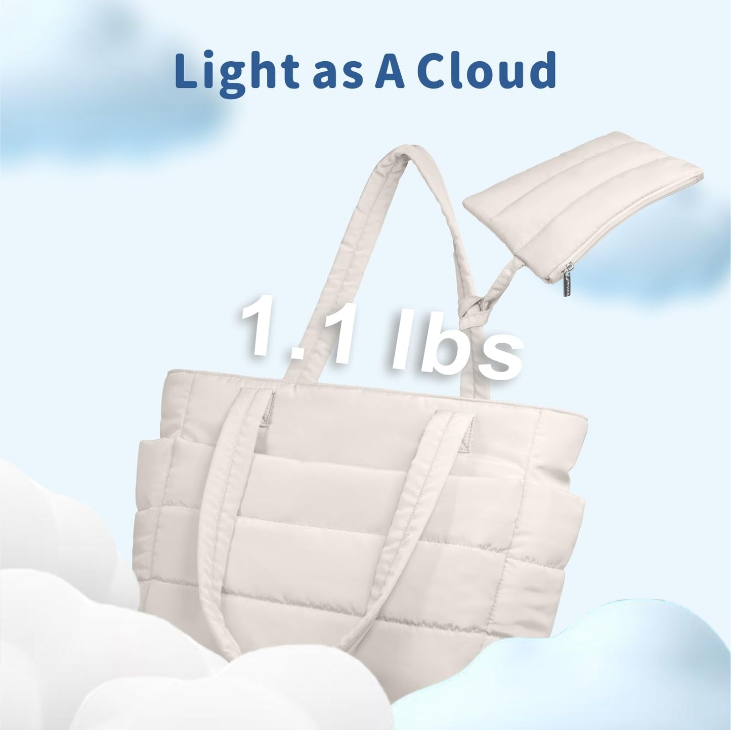 TOPDesign Puffer Tote Bag for Women, Lightweight Puffy Handbag with Compartments & Cosmetic Bag, Quilted Shoulder Bags for Work, Travel, Gym, Gifting (L Light White)