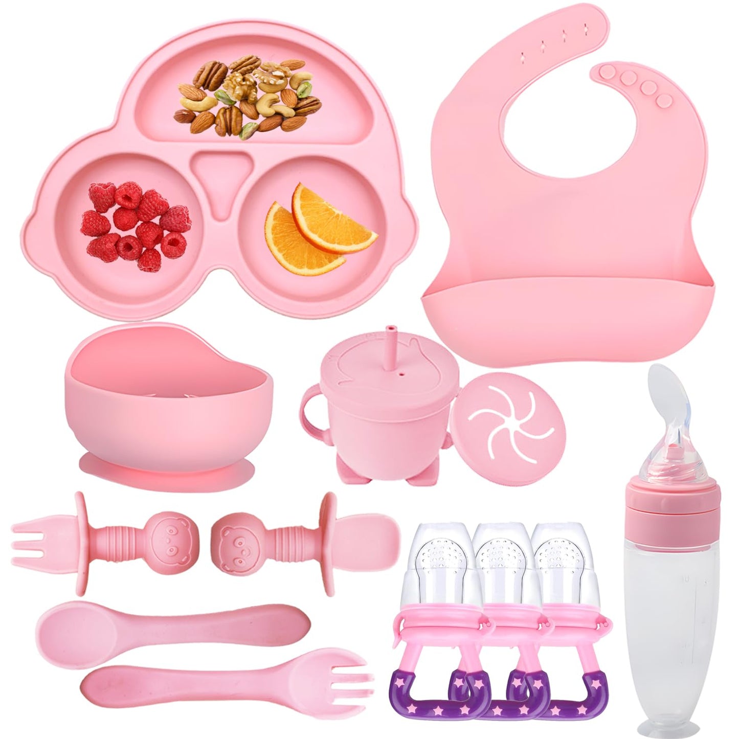 Silicone Baby Feeding Set,Miicasa Baby Led Weaning Supplies Kit With Suction Bowl & Car Plate, Bib, Spoon, Fork, Cup - Food-Grade Silicone, Dishwasher-Safe, No BPAs - For 3+ Months