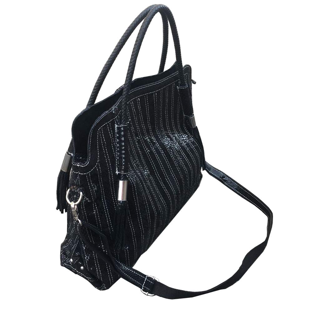 Women’s Multicolor Boston Bag Genuine Leather Colorful Large Tote Handbag Purse (Black-Middle size)