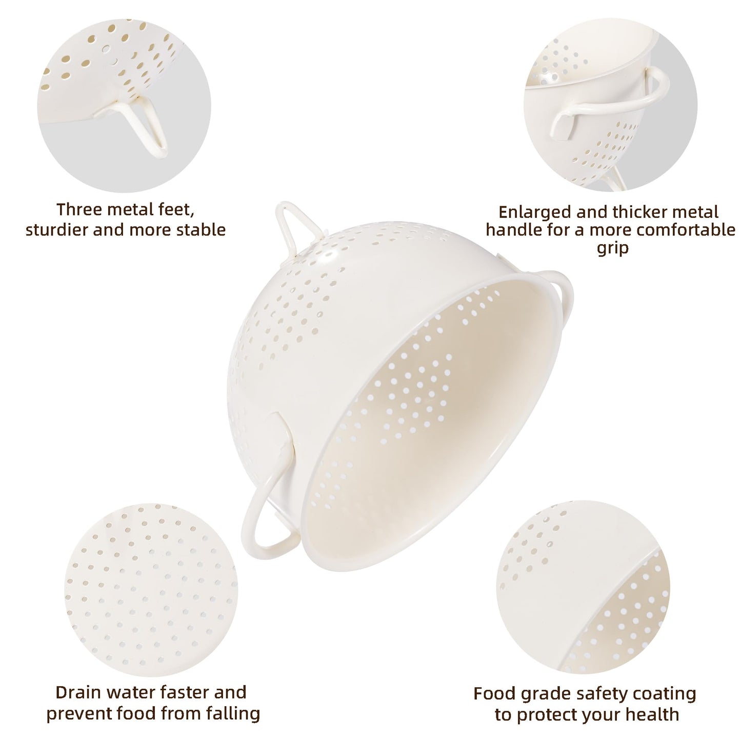 Metal Colander 5 Quart Powder Coated Self-draining Metal Strainer with Base,Kitchen Pasta Fruit Vegetable Basket with Double Handles (Cream)