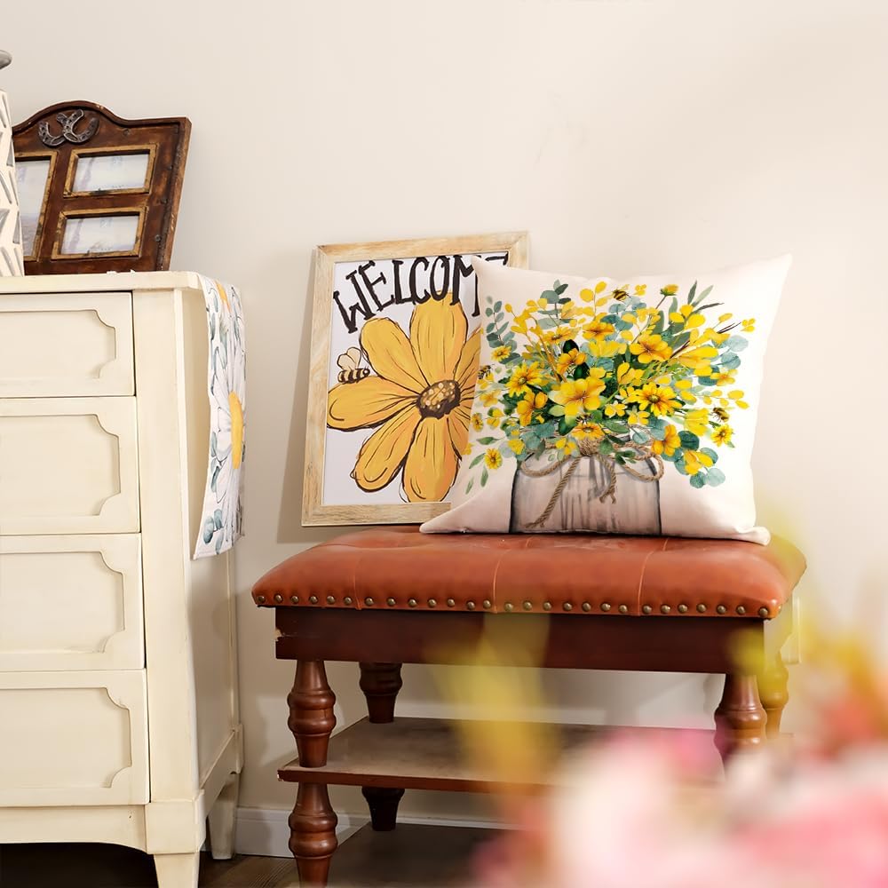 AACORS Summer Pillow Cover 18x18 Inch Eucalyptus Flowers Decor Vase Bee Farmhouse Seasonal Pillow Case Decorations for Home Sofa Couch AA509-18