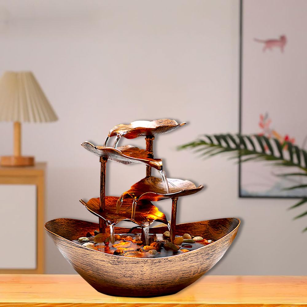 Resin Bronze Lotus Leaf Tabletop 4-Tier Fountain with Waterfall for Home Decoration