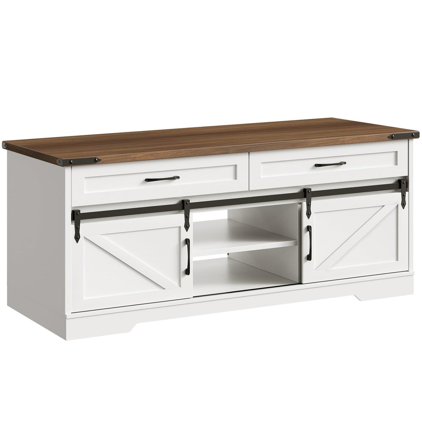 RALGEND 47" Farmhouse Coffee Table with Storage and Sliding Barn Doors, Large Rustic Center Table with 2 Drawers & Open Compartments, Wooden Coffee Table for Living Room, White and Walnut