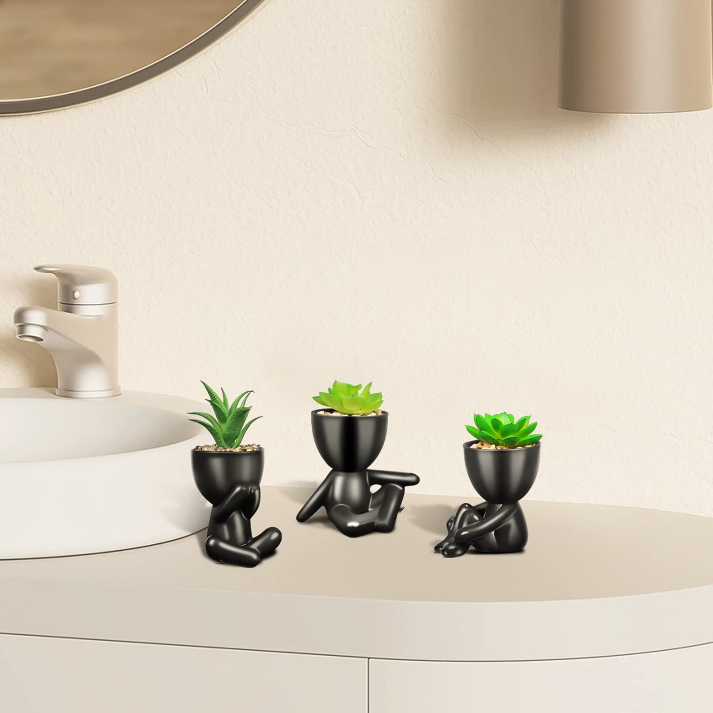 SEMSOIIO Pack of 4 Black Cute Fake Plants, Artificial Succulent Plants with Creative Human Shaped Pots,Mini Potted Desk Plants for Office Bathroom Shelf Cubicle Home Decor (Matte Black)