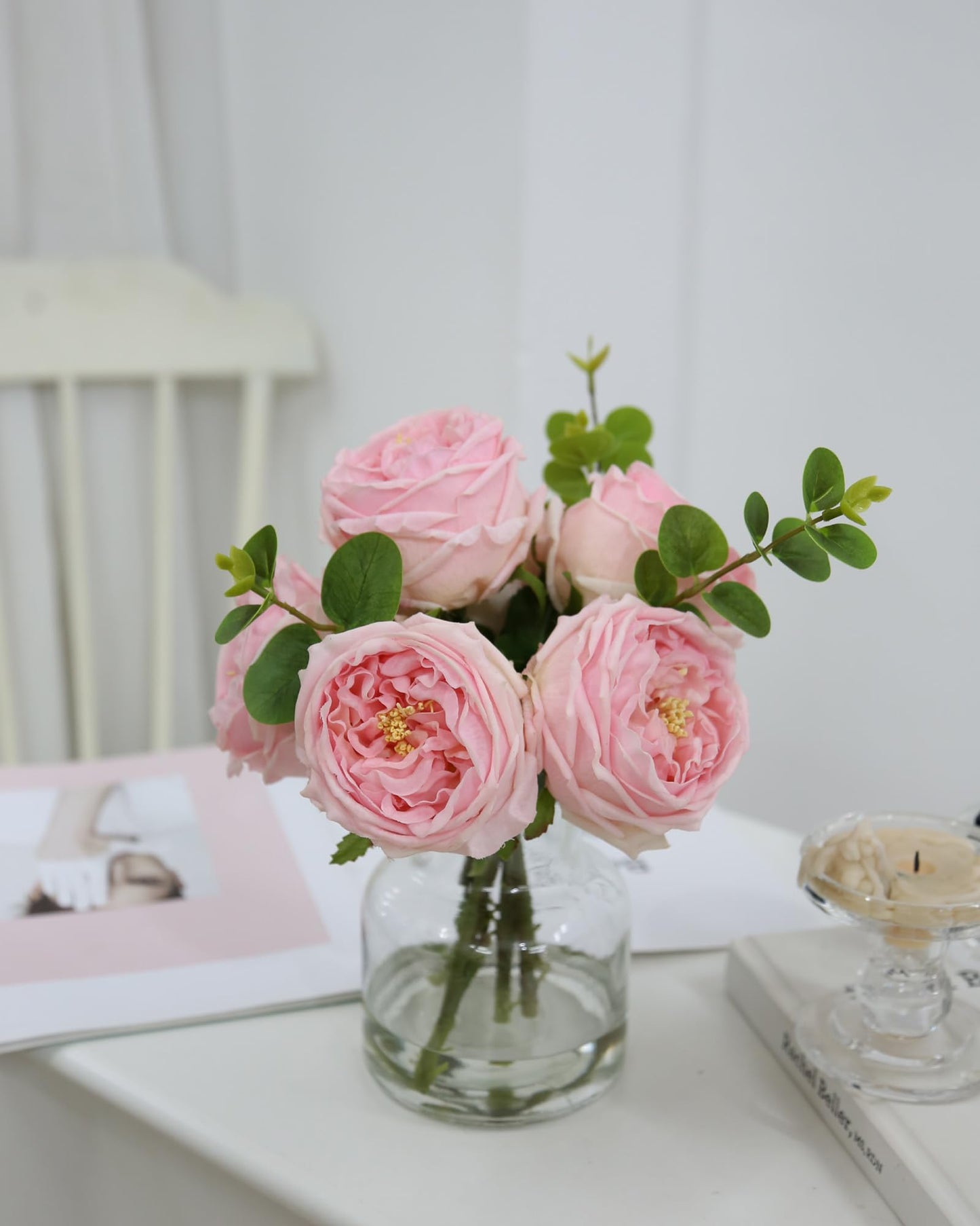 CHASMILE Artificial Flowers with Pink Roses in Vase, Lifelike Fake Flowers in Vase, Faux Flower Arrangements for Dining Table Centerpiece Decor, Table Centerpieces for Dining Room