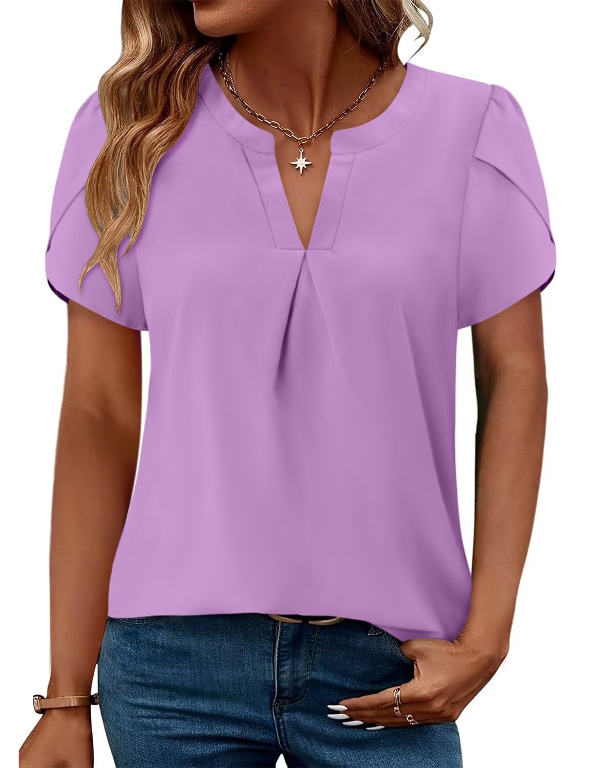 Magritta Women Elegant Purple Tops 2025 Summer Trendy Versatile Puff Sleeve Tshirt V Neck Slim Luxury Light Weight Skin-Friendly Comfy Blouses XXL