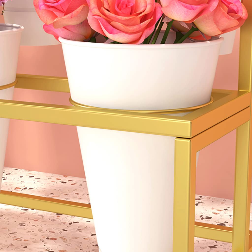 FKKPRVAX Flower Display Stand with 12pcs Bucket,Heavy Duty Plant Stand with Wheels,33in Tall Flower Cart 3 Tier Flower Shelf for Florist Garden Patio (Gold+White Pot)