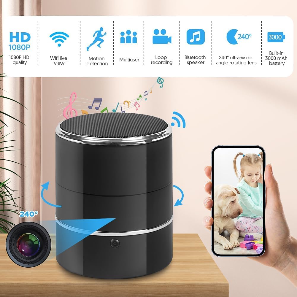 SOPKVL Bluetooth Speaker Camera - HD 1080P Wireless Camera - WiFi Cam with 240° Ultra Wide Angle Lens - Supports WiFi Bluetooth connectivity.