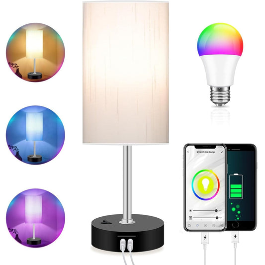 Bedroom Lamp with Smart RGB LED Bulb, Multicolor Changing Table Lamp for Bedroom with 2 USB Port, Dimmable Bedside Lamp Work with Alexa, Smart Nightstand Light for Living Room Sync with Music(2.4GHz)