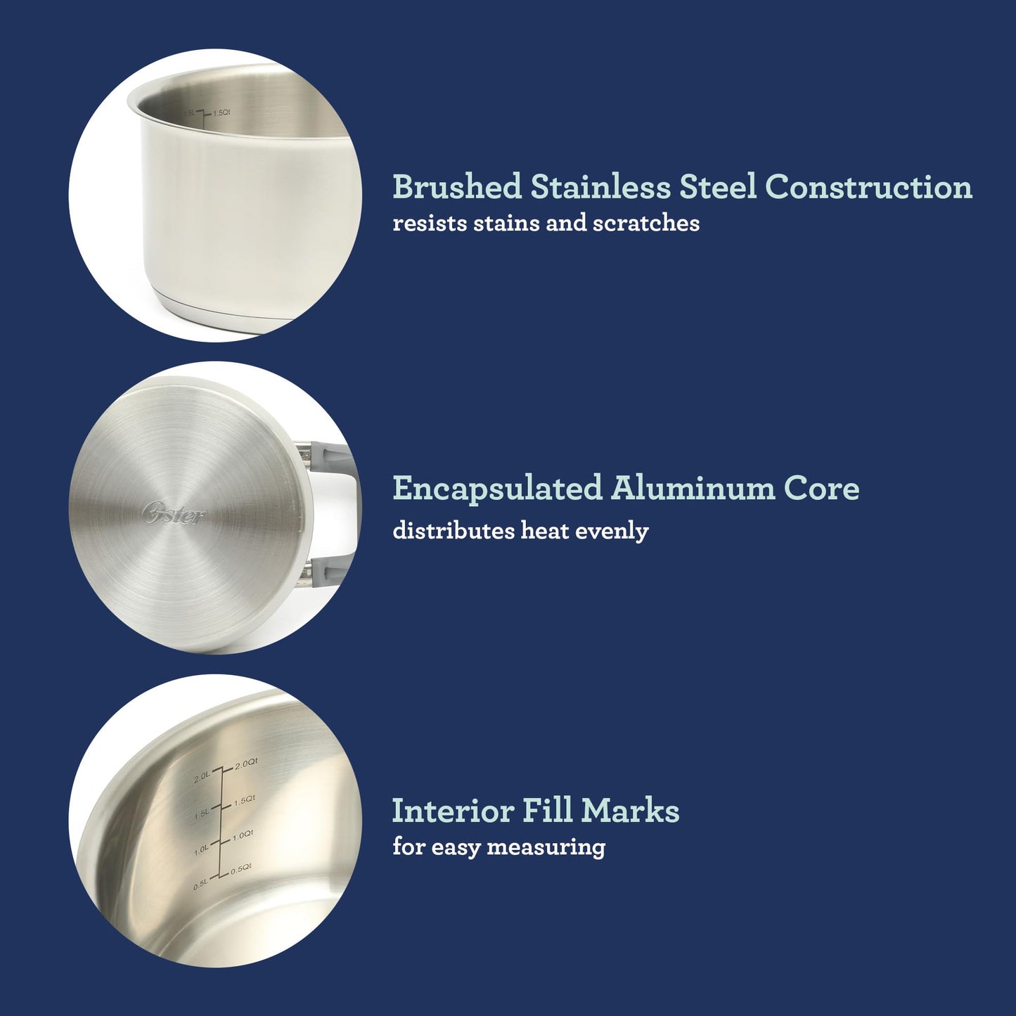 Oster Beauford 9 Piece Stainless Steel Non-Toxic Pots and Pans Cookware Set W/Tri-Ply Encapsulated Bottom & Soft Touch Handles