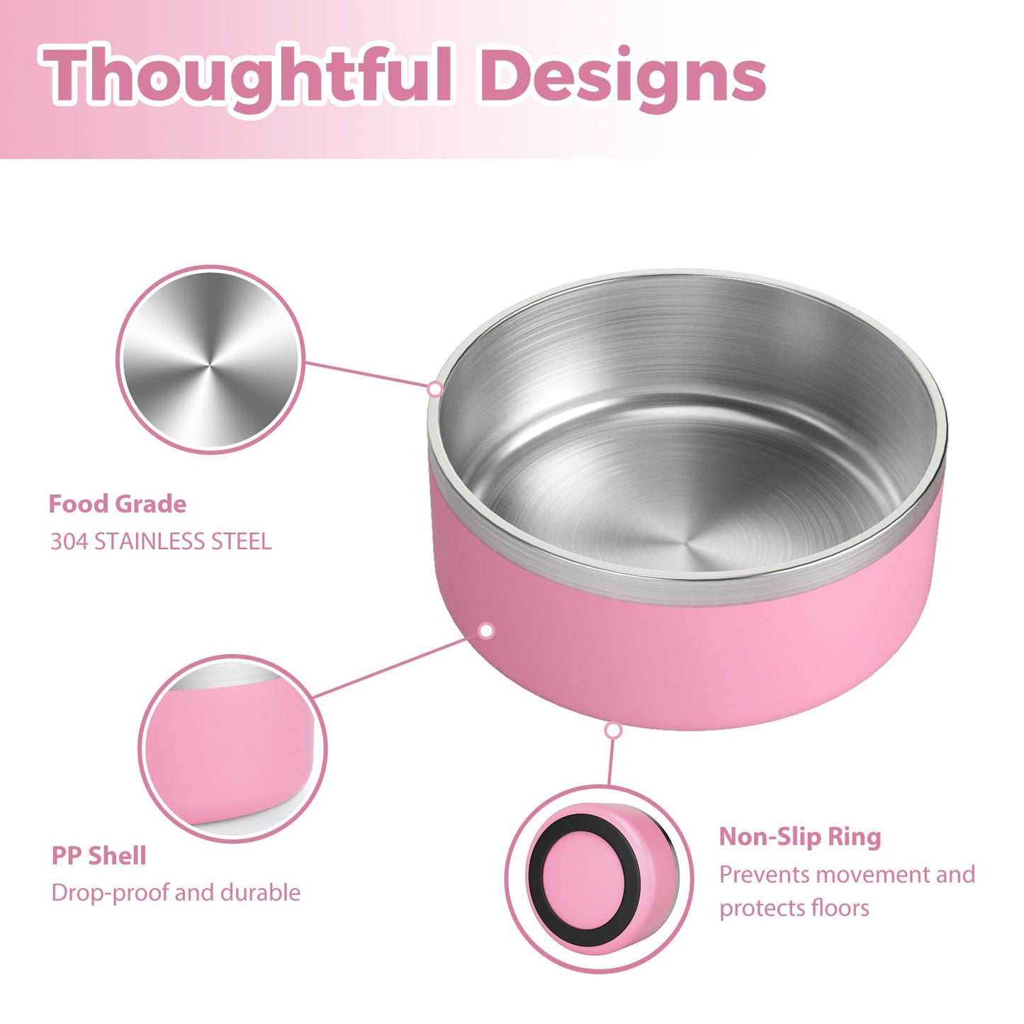 LIHOOOOM Stainless Steel Dog Bowls for Large Dogs - Insulated, Non Slip, Easy Clean, 40oz, Pink