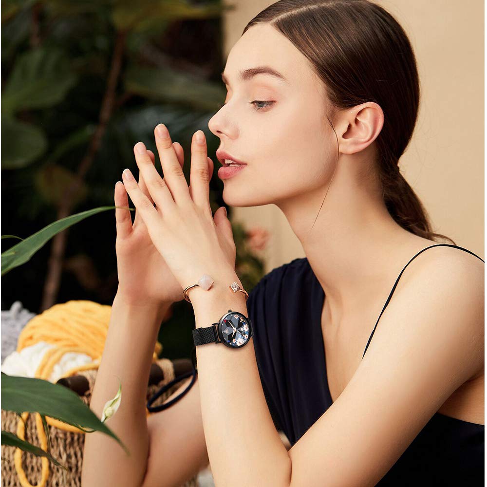 SHENGKE Creative Starry Star Women Watch with Stainless Steel Mesh Band Genuine Leather Elegant Luxury Ladies Watches (Flower-Mesh Band-Black)