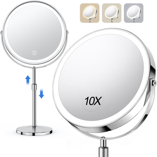 UBYMET Lighted Makeup Mirror, Rechargeable Height Adjustable Double Sided, 1x/10x Magnifying with 3 Color, Brightness Adjustable, 360° Rotation Vanity, Gift for Women