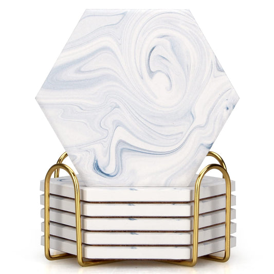 6 Pcs Hexagon White Marble Ceramic Coasters Set with Holder Best Absorbent Stone Coasters Cool Drink Personalized Wine Bar Coasters Beverage Coffee Cup Coasters for Table