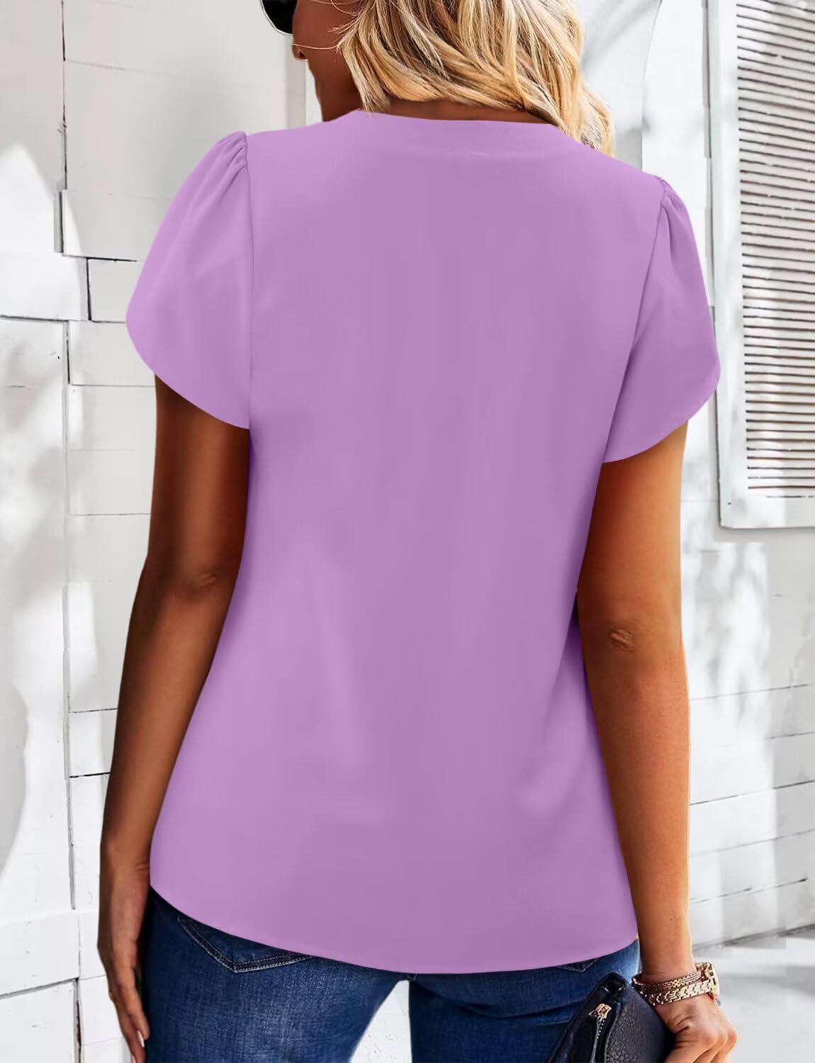 Magritta Women Elegant Purple Tops 2025 Summer Trendy Versatile Puff Sleeve Tshirt V Neck Slim Luxury Light Weight Skin-Friendly Comfy Blouses XXL