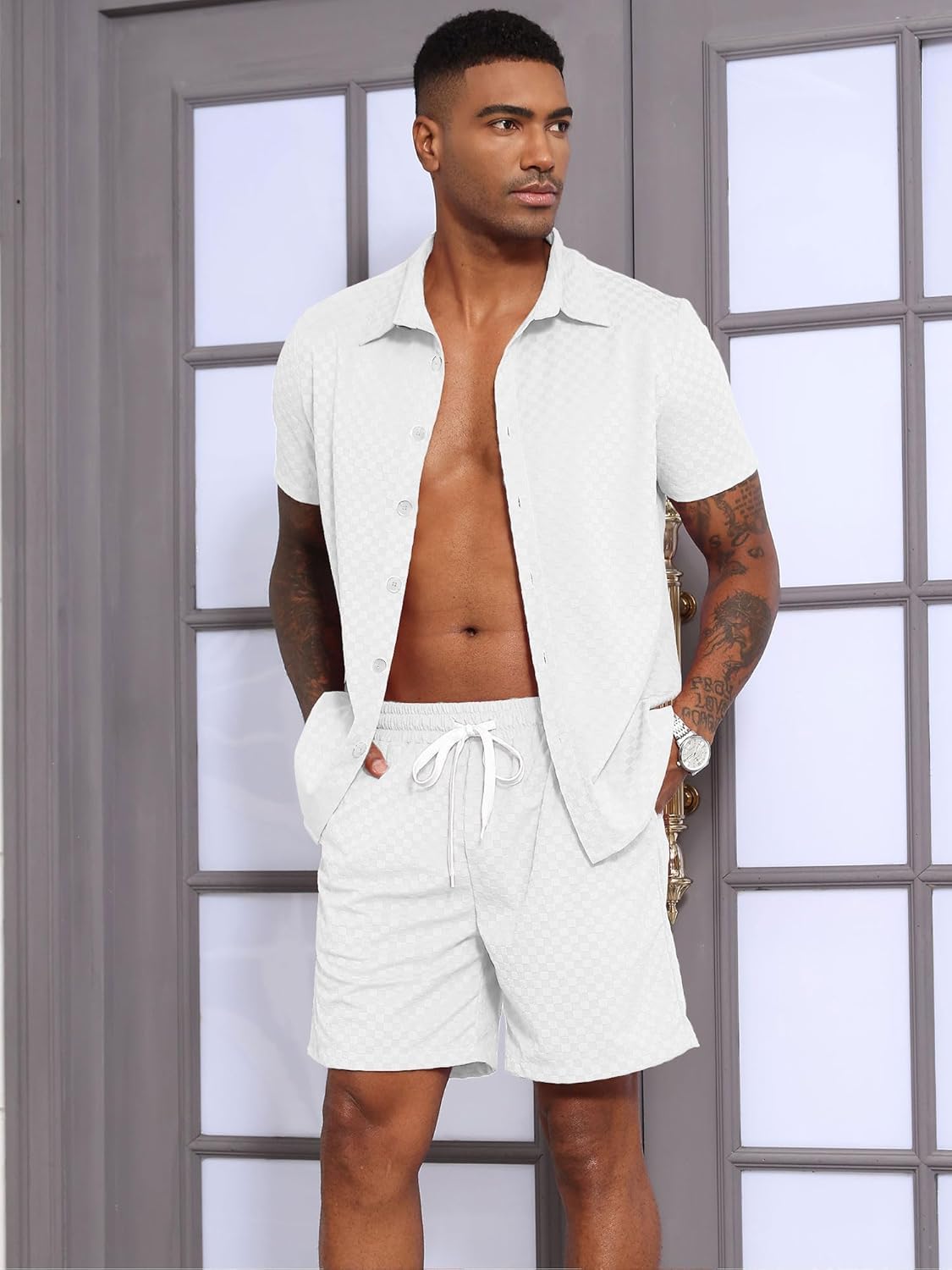 UOUA Mens Velour Tracksuit 2 Piece Outfits Short Sleeve Button Down Shirt and Short Sets Casual Sweatsuits White 3XL