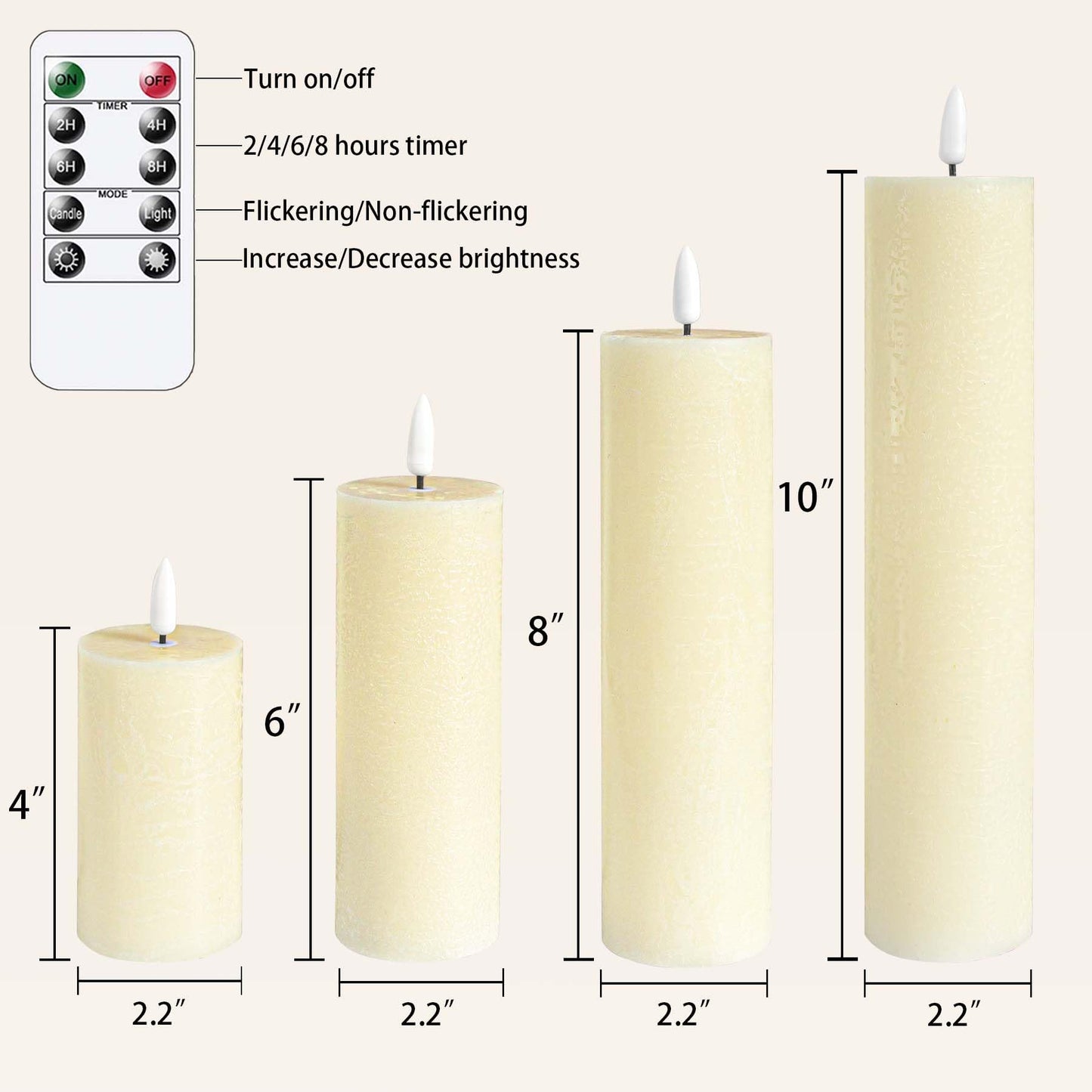 Vtobay Flickering Flameless Pillar Candles with Remote Control and Cycle Timer,Ivory Pack of 4 Battery Operated(Powered by 2AA) LED Real Wax Tall Fake 3D-Wick Electric Candles(D 2.2” x H 4”,6”,8”,10”)