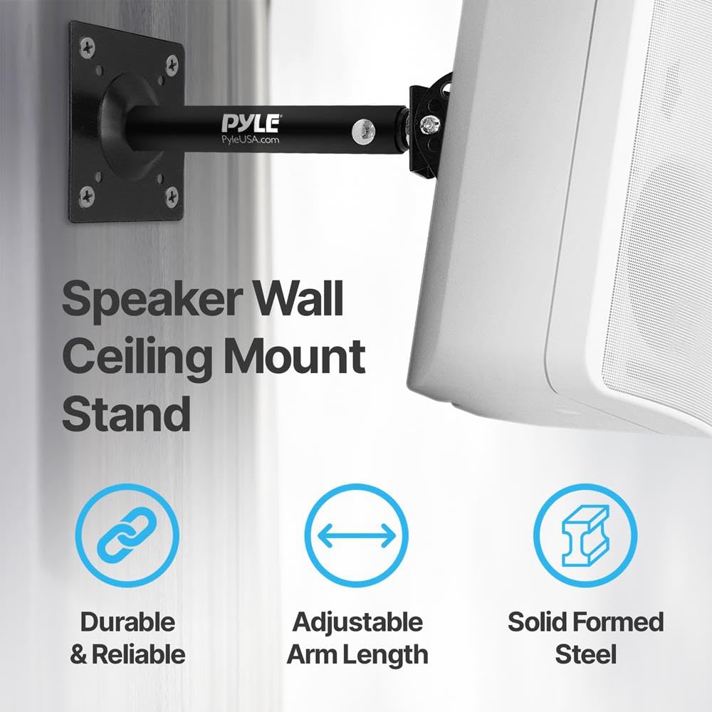 Pyle Speaker Wall Ceiling Mount Stand - Black Speaker Mounting Bracket w/ Adjustable Swivel Tilt, Retractable Telescopic Arm - Home Surround Sound System Bookshelf Satellite Speakers PSTNDC31 (Pair)