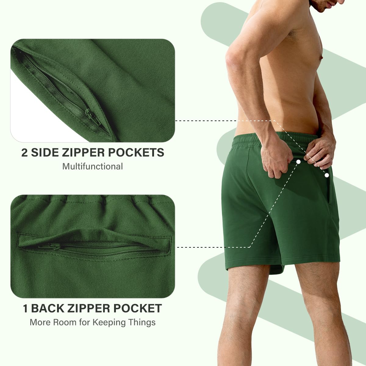 Arjen Kroos Men's Sweat Cotton Shorts 5 Inch Running Shorts with Zipper Pockets,Army GREEN-AK2218,Large