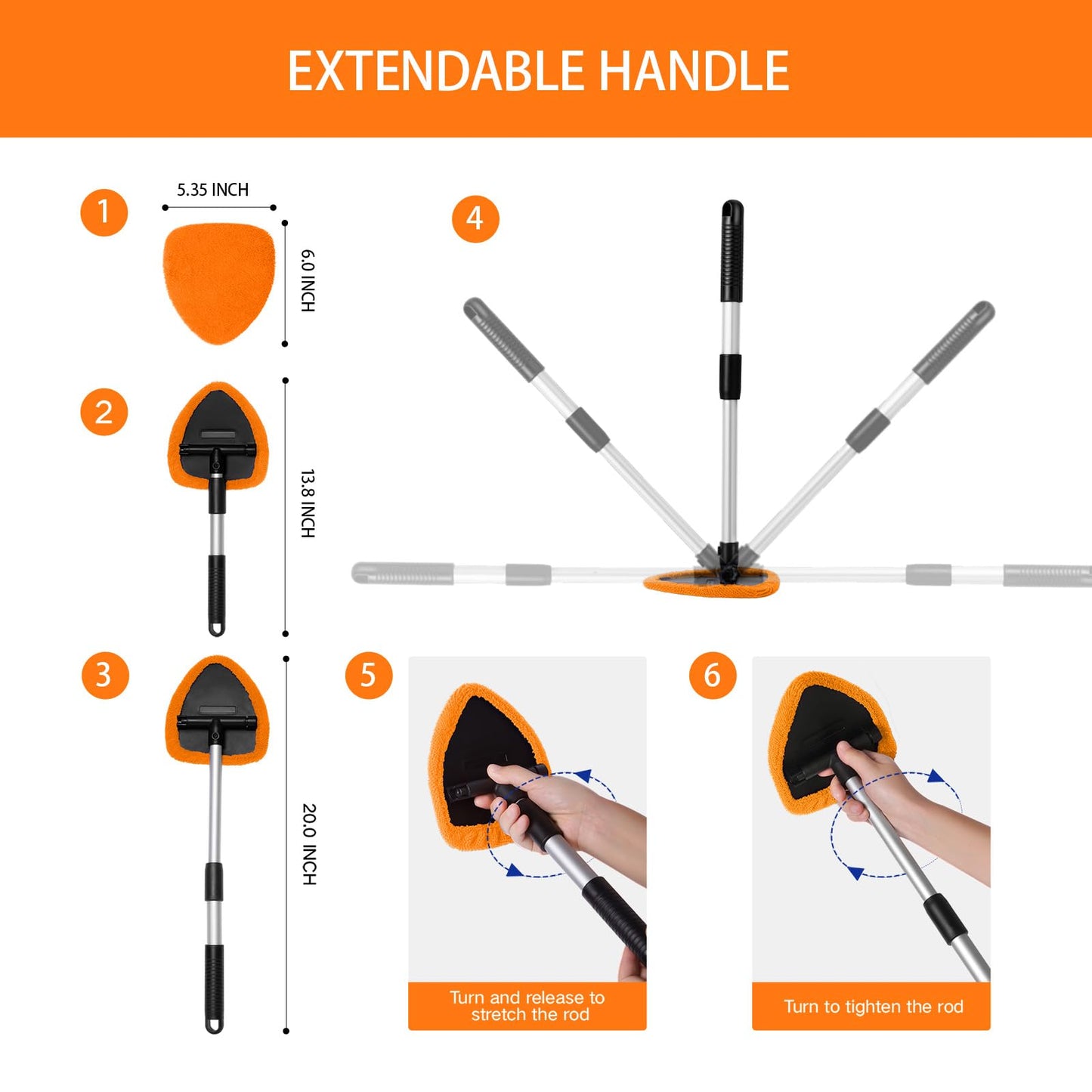 Qydipclin 10pcs Windshield Cleaner Tool, Car Window Cleaning Wash Kit with 4 Reusable Microfiber Pads 1 Spray Bottle and Extendable Handle Auto Glass Wiper Kit, Orange
