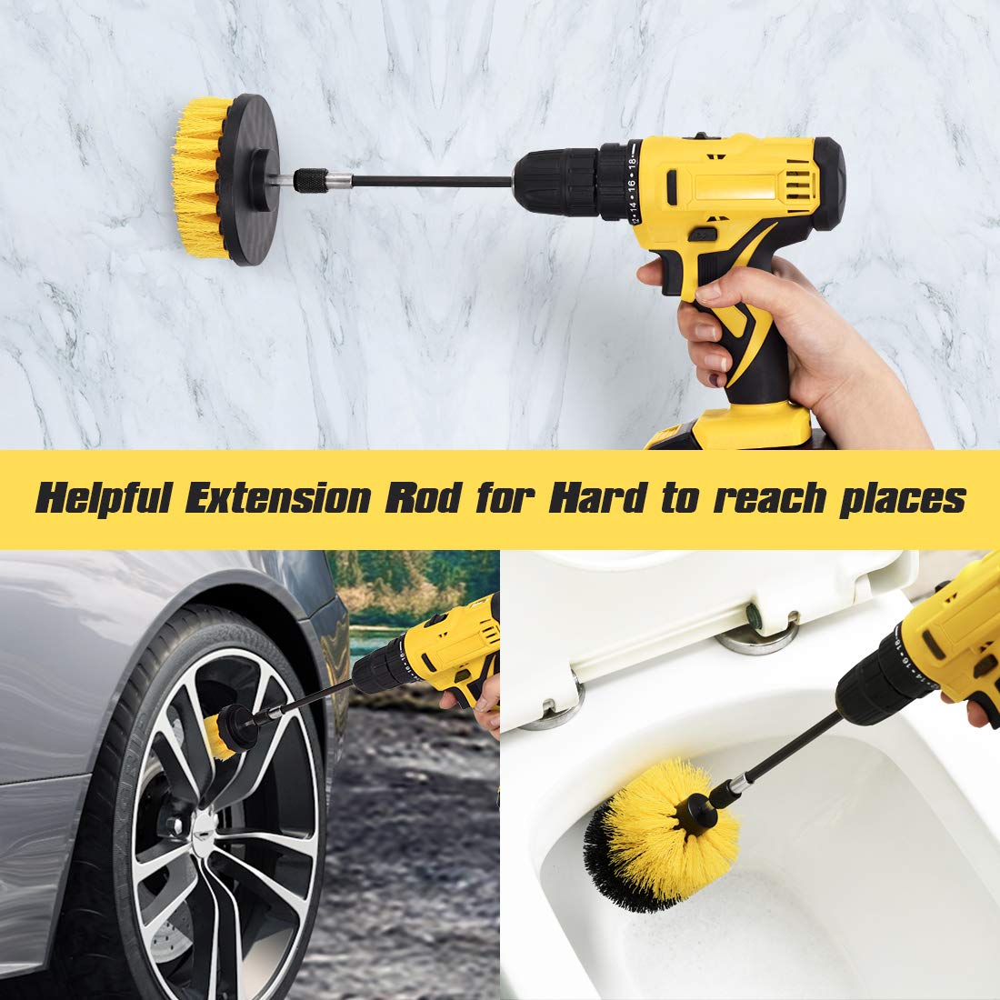 SHIELDPRO 18 Pack Drill Brush Attachment Set, Power Cleaning Scrub Brushes for Drill, Extend Long Attachment, All Purpose for Bathroom, Car Detailing, Carpet, Tile Grout, Sinks, Corners
