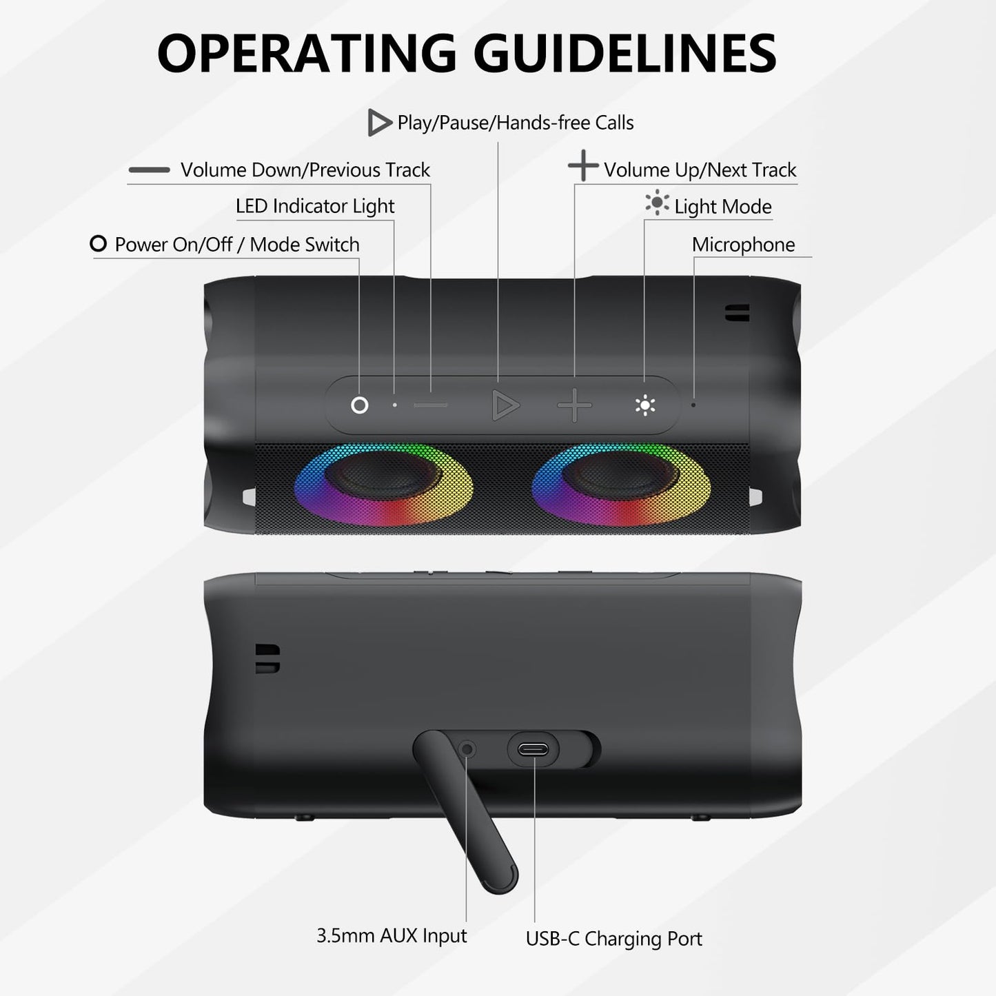 DONOW Portable Bluetooth Speaker with Lights, 30W Stereo Sound, Bass Boost, IPX5 Waterproof, 20H Playtime, Built-in Mic, Speakers Bluetooth Wireless for Home, Party, Outdoor, Travel(Black)